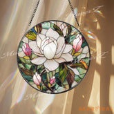 Elegant Magnolia Blossom Stained Glass Suncatcher White and Pink Flower Window Panel Floral Garden Hanging Gift for Her